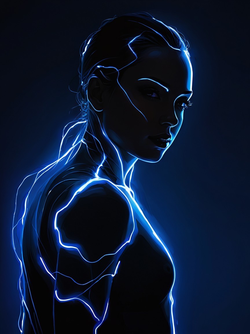 Silhouette with Pulsing Blue Light on Dark Background