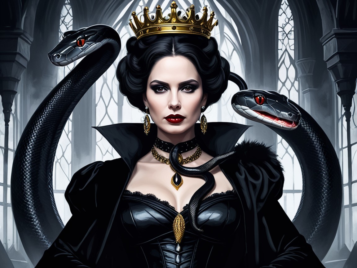 Regal woman in black gown with serpents and gothic backdrop