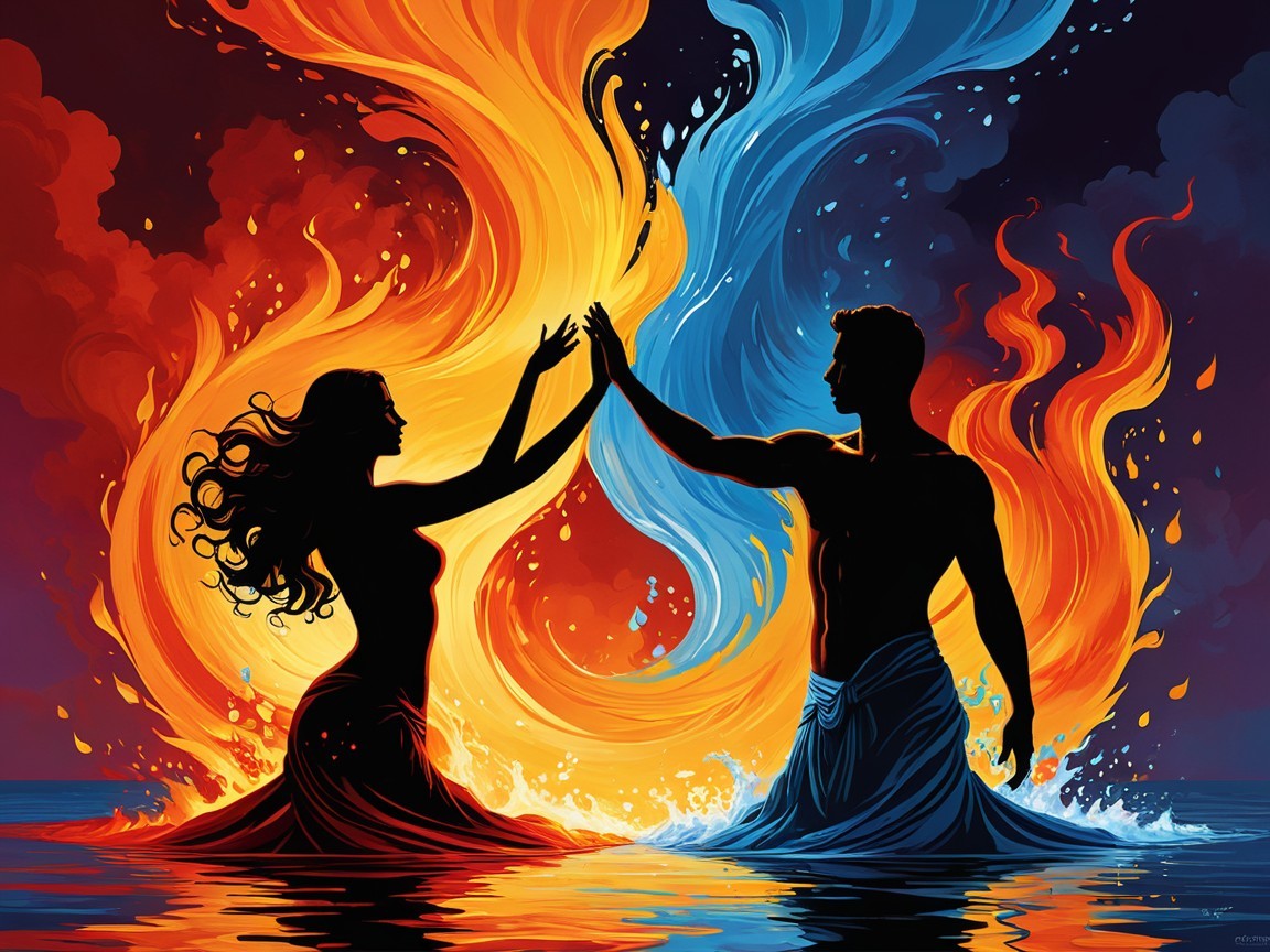 Silhouette of Couple Amidst Flames and Water