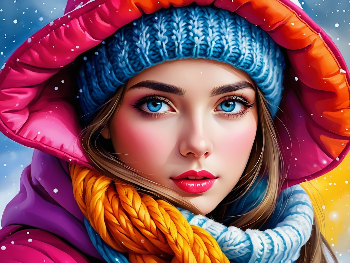 Young Woman in Cozy Winter Attire with Snowflakes