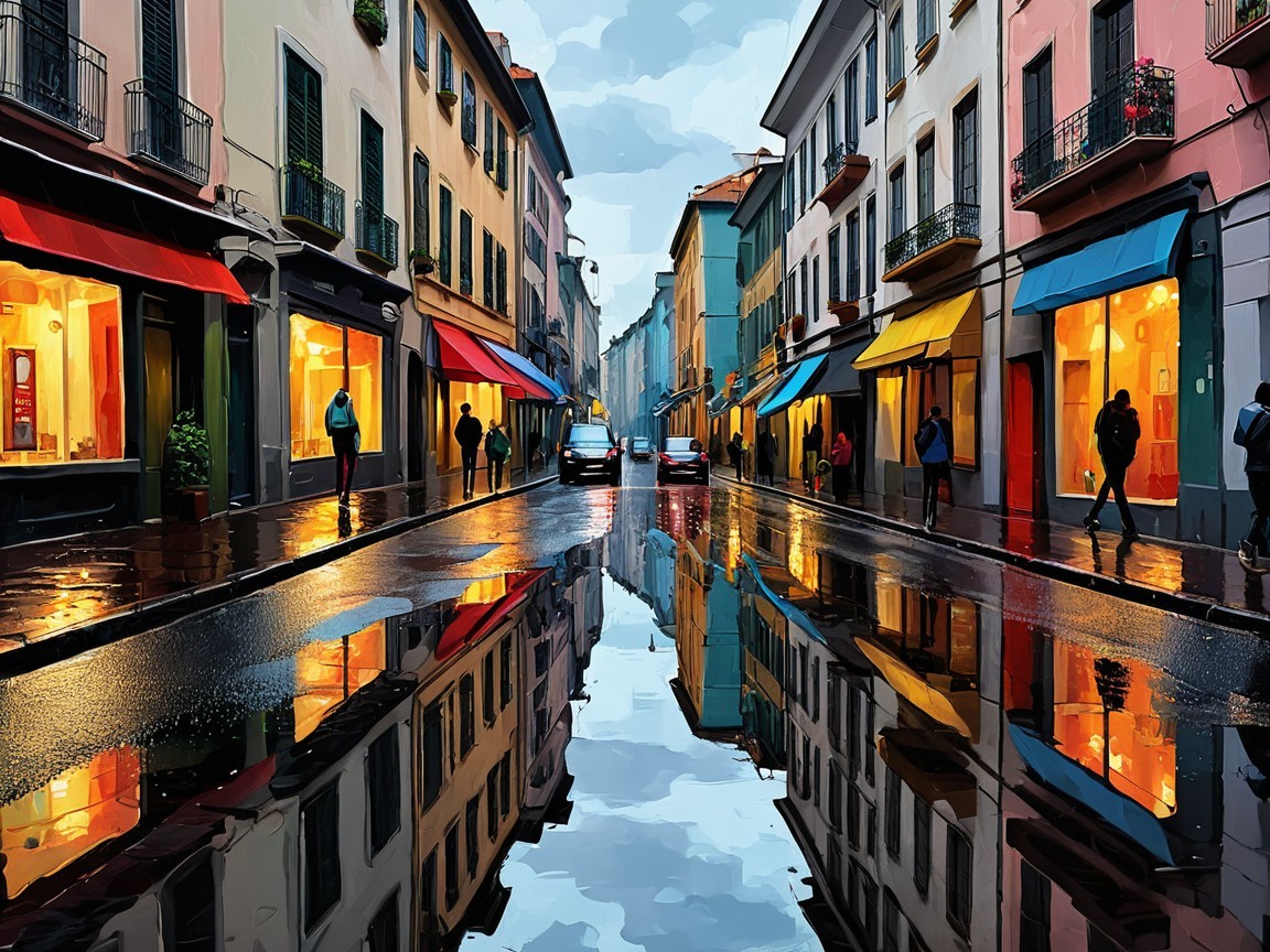 Vibrant Urban Street Scene After Rain at Dusk