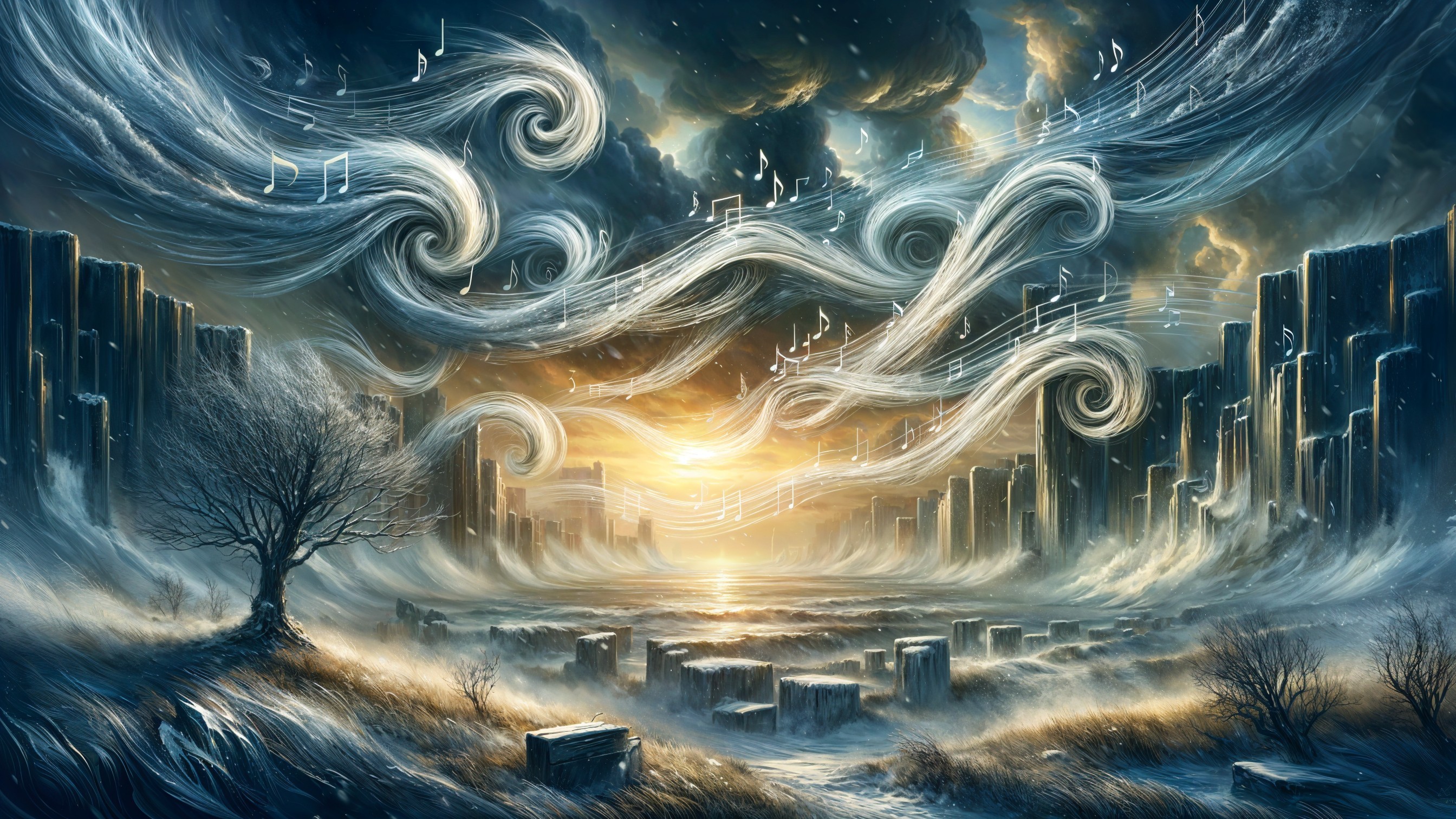 Surreal Landscape with Musical Notes and Dark Clouds