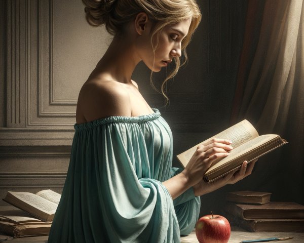Young Woman Reading in Pale Blue Gown with Apple