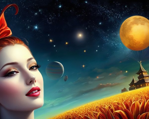 Digital Painting of Woman in Vibrant Red Bow and Landscape