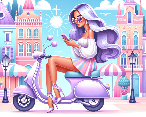 Stylish Woman on Pastel Scooter with Colorful Background