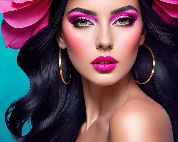 Portrait of a woman with pink lotus flowers and vibrant makeup