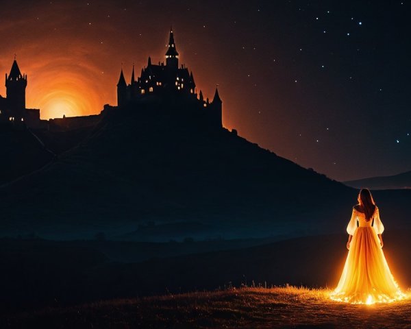 Woman in glowing gown by castle under moonrise