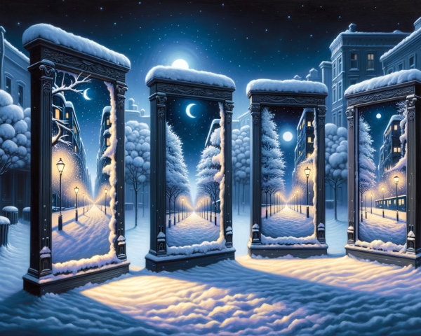 Winter Street Scene with Snow-Covered Frames and Paths