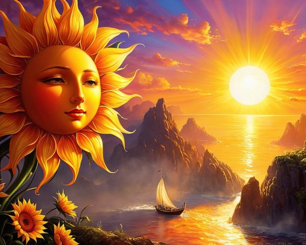 Vibrant Sunset Over Serene Ocean with Sunflowers