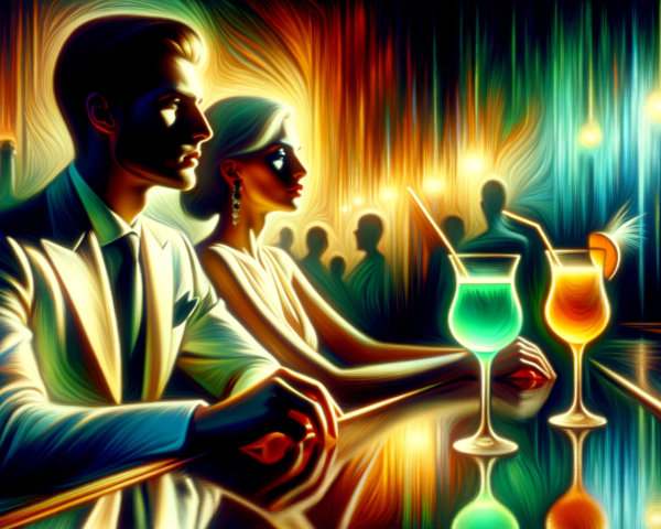 Elegant Couple at Vibrant Art-Inspired Bar Scene