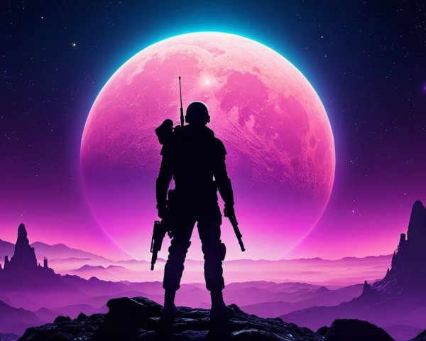 Lone Figure Against Vibrant Otherworldly Landscape