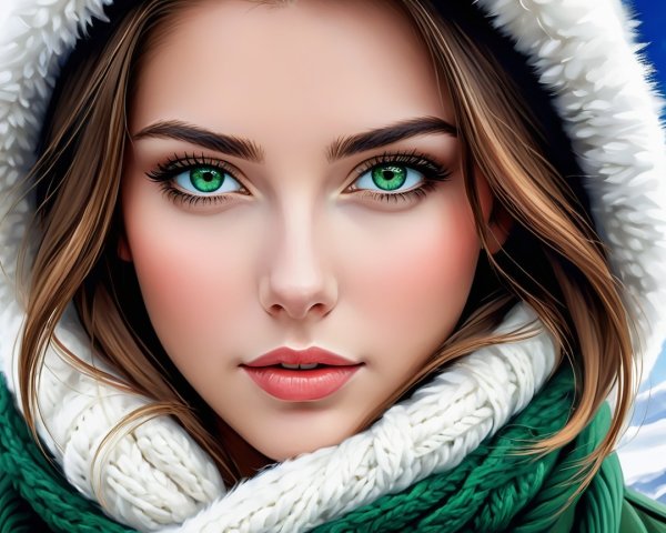 Close-up portrait of a woman in snowy landscape