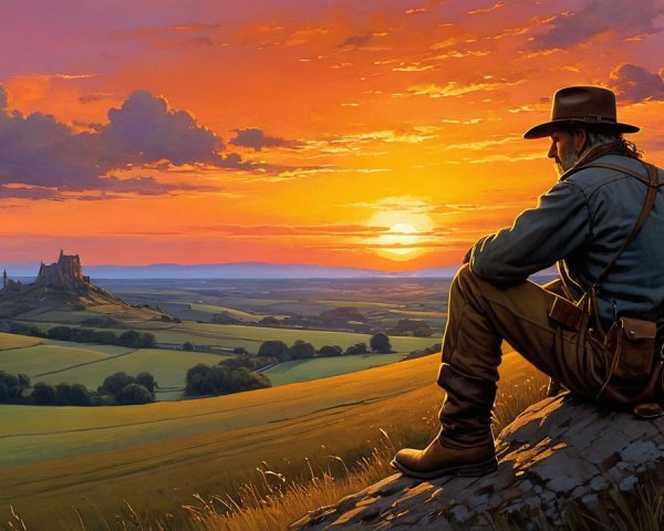 Lone Figure Watching Sunset Over Fields and Castle