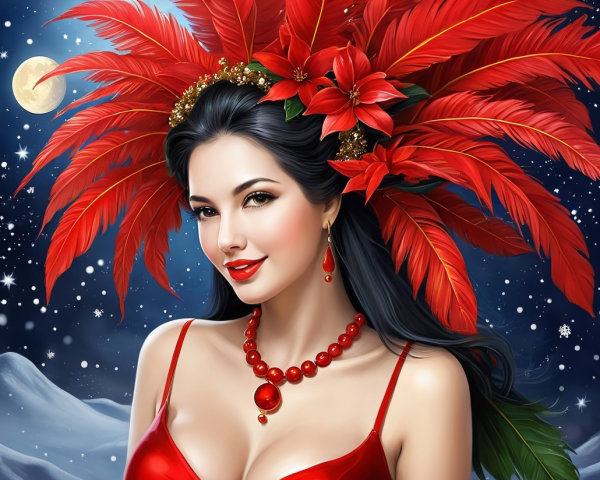 Smiling Woman in Red Dress with Ornate Headpiece
