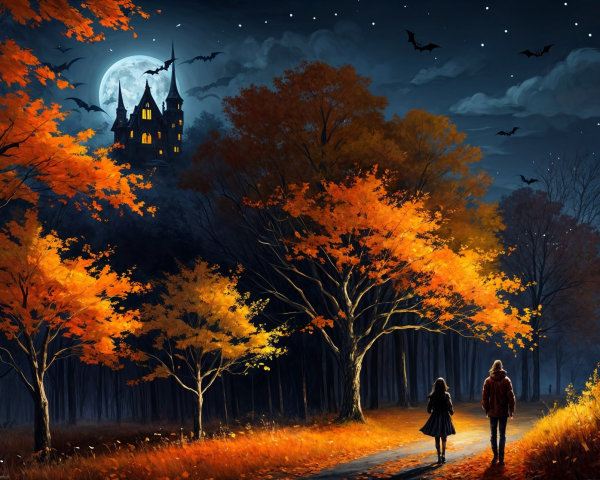 Moonlit Forest Path with Castle and Autumn Foliage