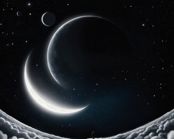 Cosmic Scene with Planets and Crescent Moon