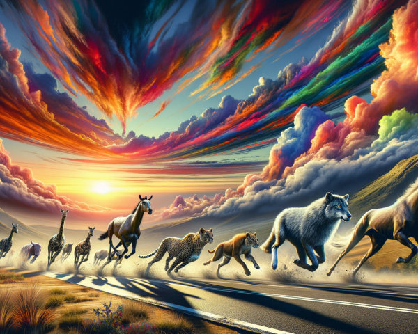 Vibrant Sunset with Diverse Animals on Winding Road
