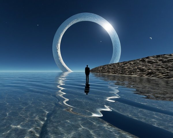 Lone Figure by Tranquil Ocean Under Shimmering Ring