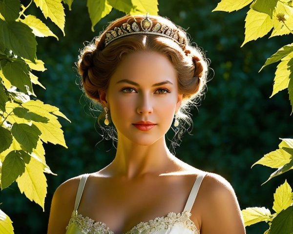 Young woman in elegant gown amidst lush greenery