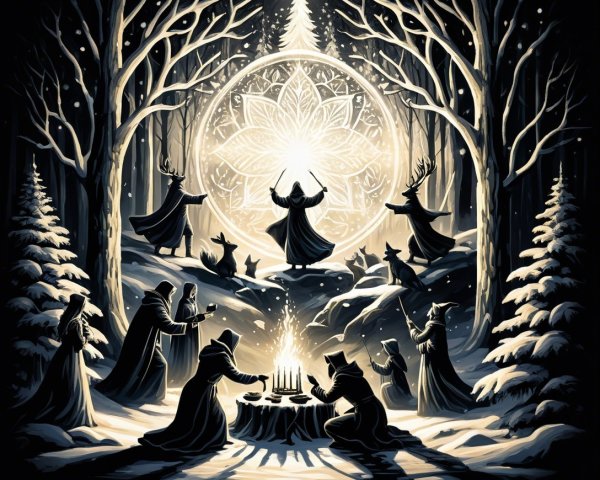 Winter Ceremony Illustration in a Snowy Forest