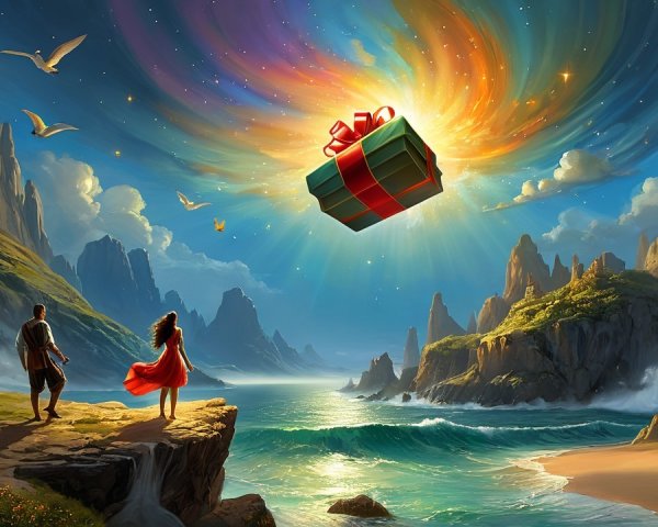 Scenic Vista with Figures and Colorful Sky Display