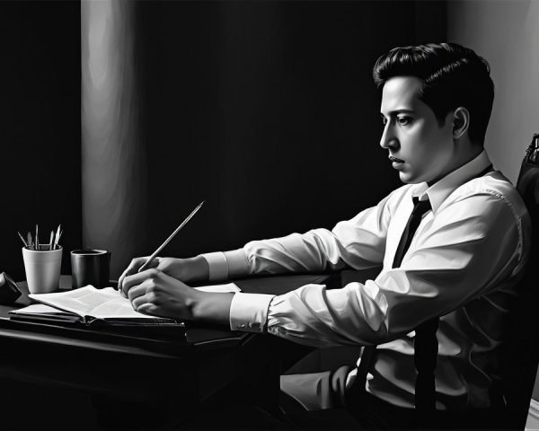 Young man in formal attire writing at a desk