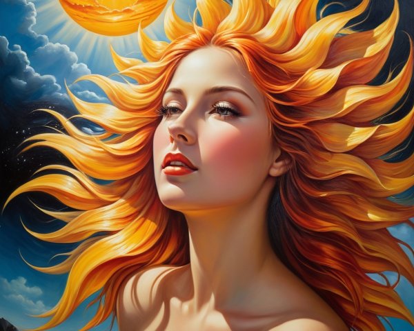 Woman with Fiery Orange Hair Against Dramatic Sky