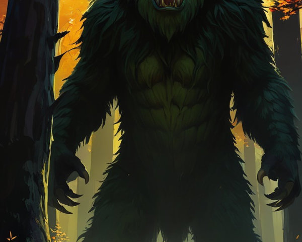 Autumn Forest Scene with Creature and Cloaked Figure