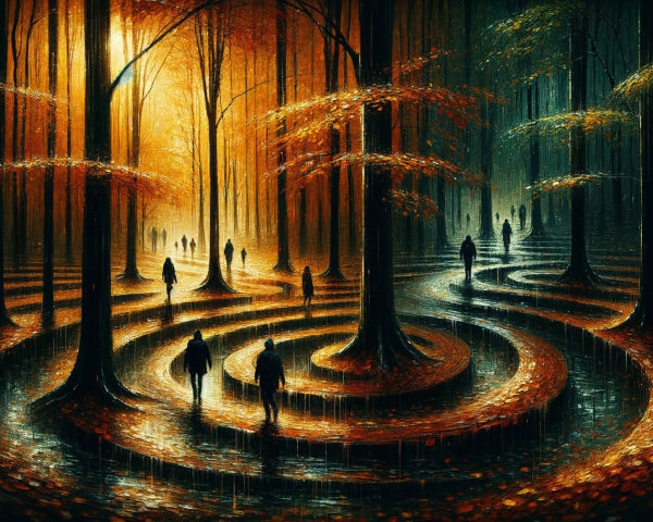 Surreal Forest Scene with Autumn Trees and Reflections