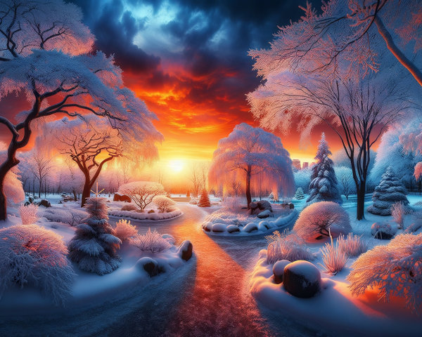 Winter Park Landscape with Sunset and Snow Details