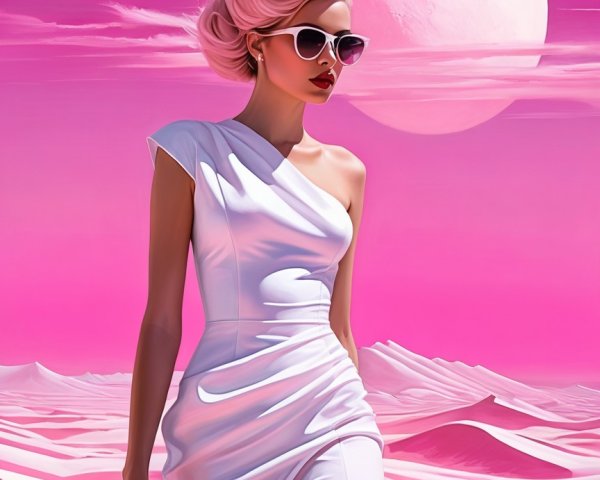 Stylish Woman in White Gown on Pink Sand Dunes