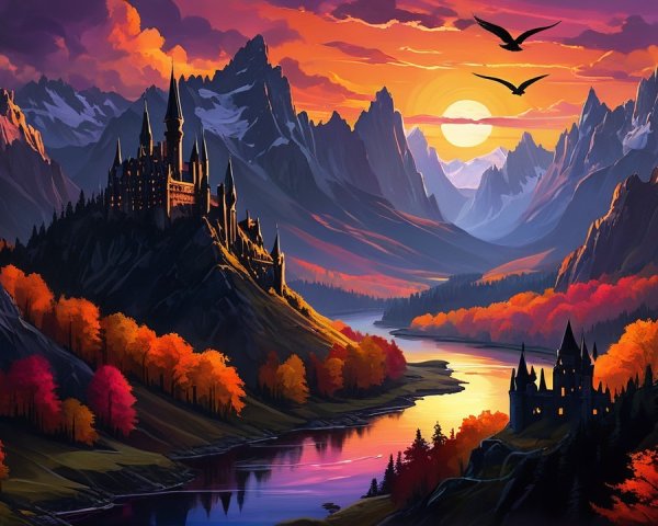Sunset Over Mountains with River and Castle Landscape