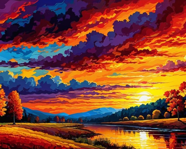Vibrant Sunset Over Tranquil River and Autumn Trees