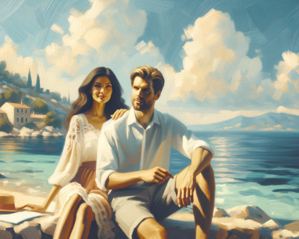 Couple Relaxing on a Rocky Shore by the Sea