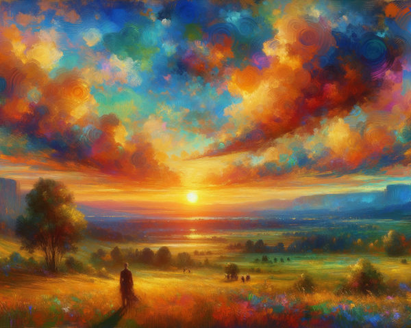 Vibrant Landscape with Dramatic Sunset and Wildflowers
