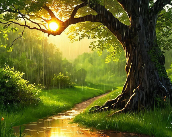 Serene landscape with a large tree and golden sunlight