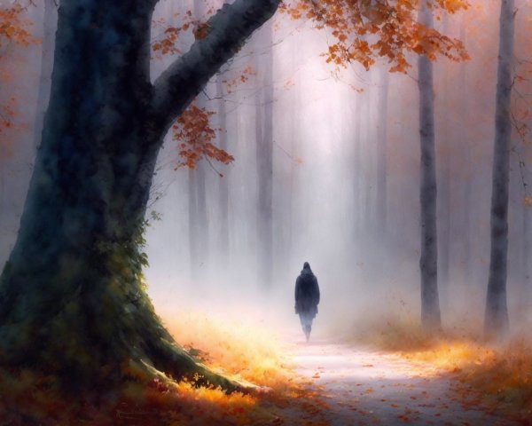 Solitary Figure on a Misty Forest Path in Autumn