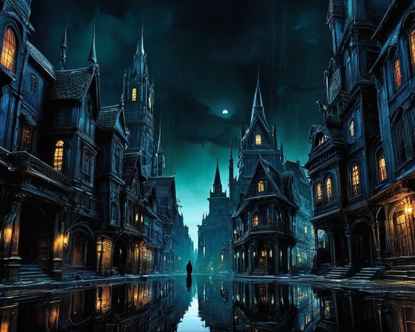 Gothic Street Scene with Moonlit Atmosphere