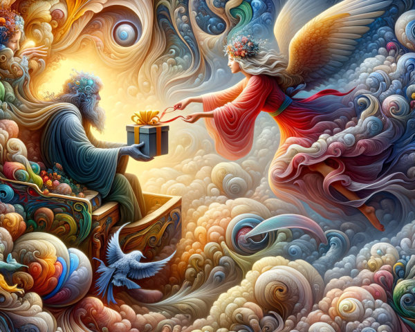 Ethereal Angel Presents Gift to Wise Figure in Clouds