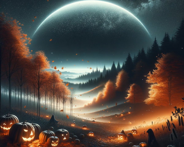 Halloween Landscape with Moon and Carved Pumpkins
