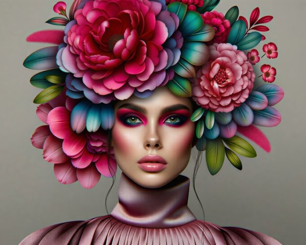 Artistic portrayal of a woman with floral headdress
