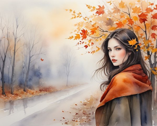 Serene Autumn Scene with Young Woman and Maple Leaves