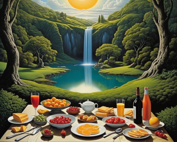 Sumptuous Picnic Spread with Fruits and Scenic Backdrop