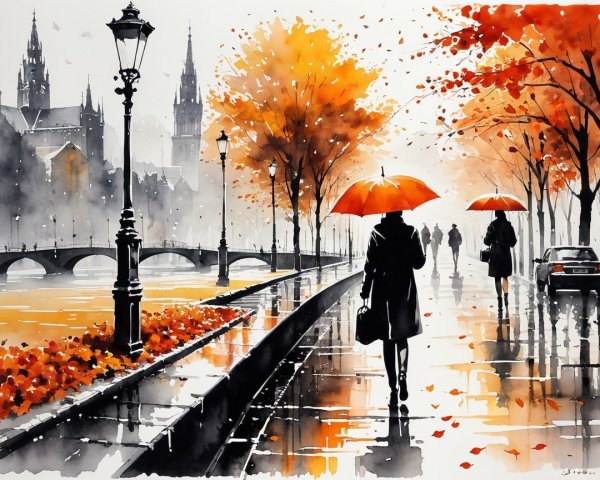 Autumn Scene with Figures and Red Umbrellas by Riverbank