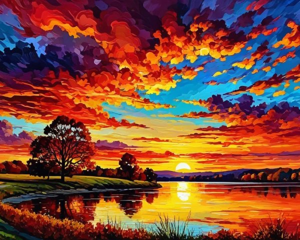 Vibrant Sunset Over Calm River with Silhouetted Trees