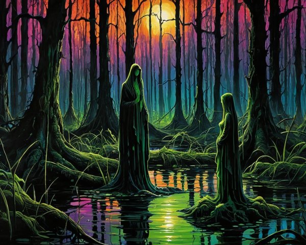 Ethereal Figures in a Mystical Dusk Swamp Scene