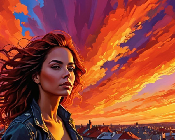 Portrait of a Woman at Sunset with City Skyline