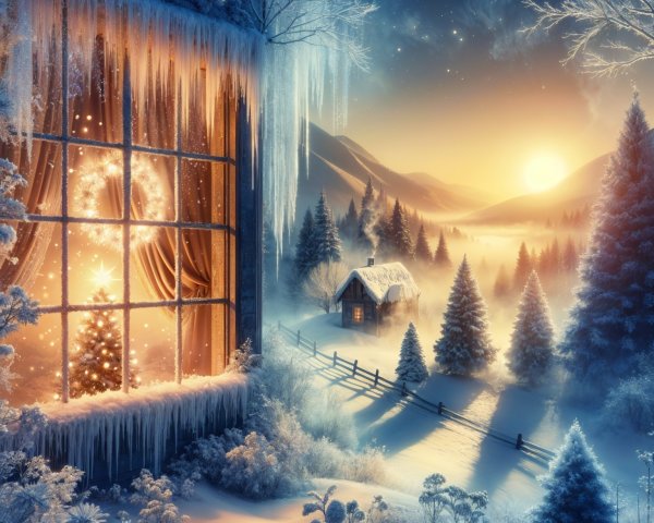 Cozy Cabin in Serene Winter Landscape with Christmas Tree
