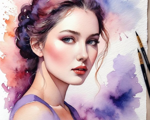 Watercolor Portrait of a Young Woman with Blue Eyes
