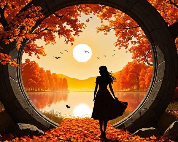 Silhouette of Girl at Autumn Stone Arch with Lake